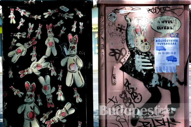 Quite often the graffiti and stencils are in Hungarian. This one says 'Rabbit Elvis.' Budapest Street Art